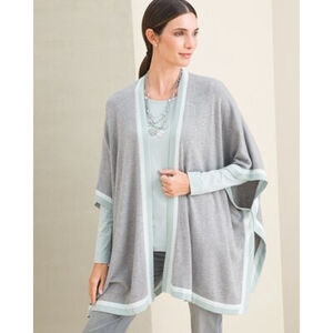 Chico's Tipping Trim Ruana Wrap Knit Poncho Graphite Gray & Light Green S/M NWT